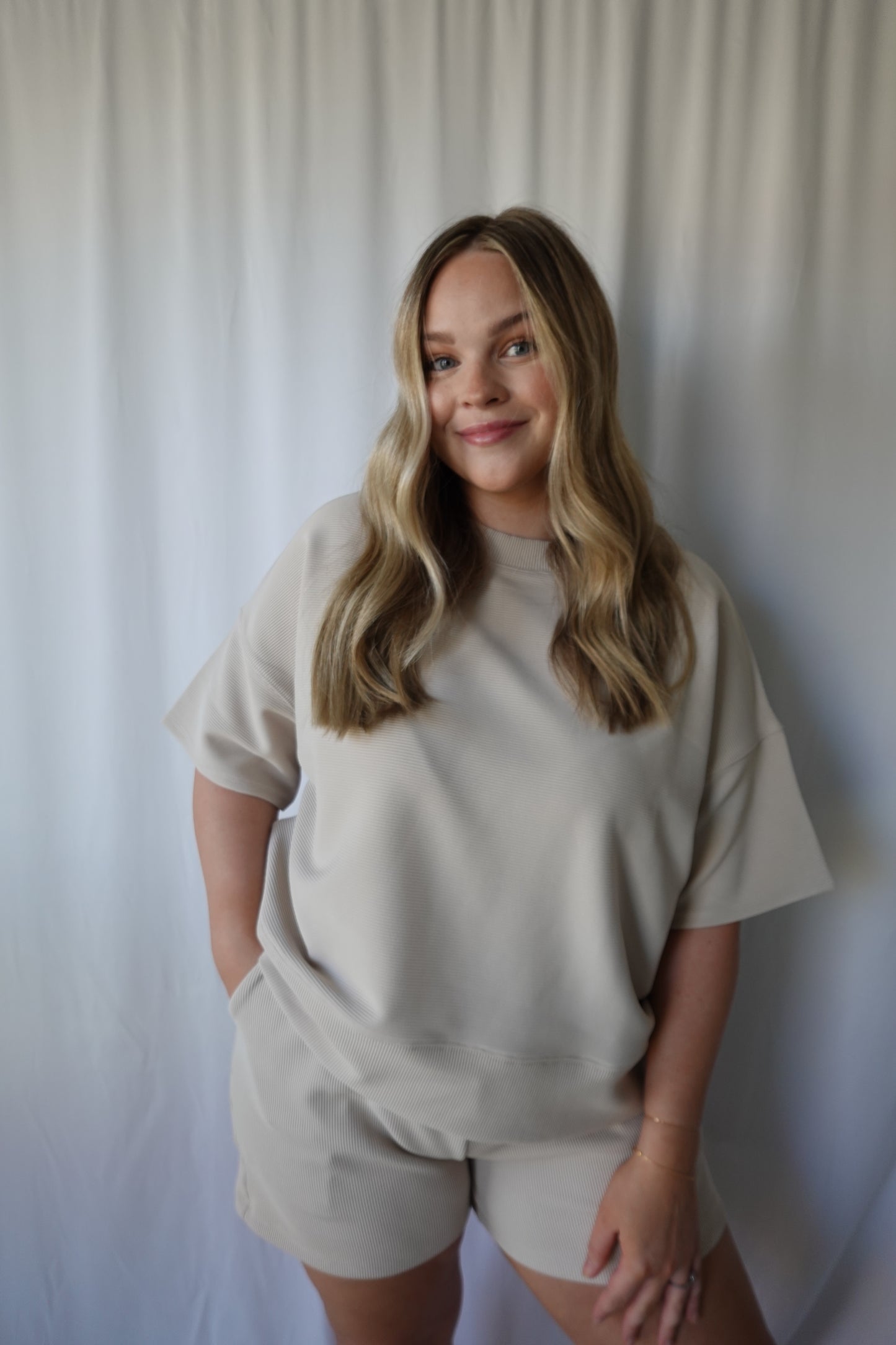 Beige Ribbed Shorts Set