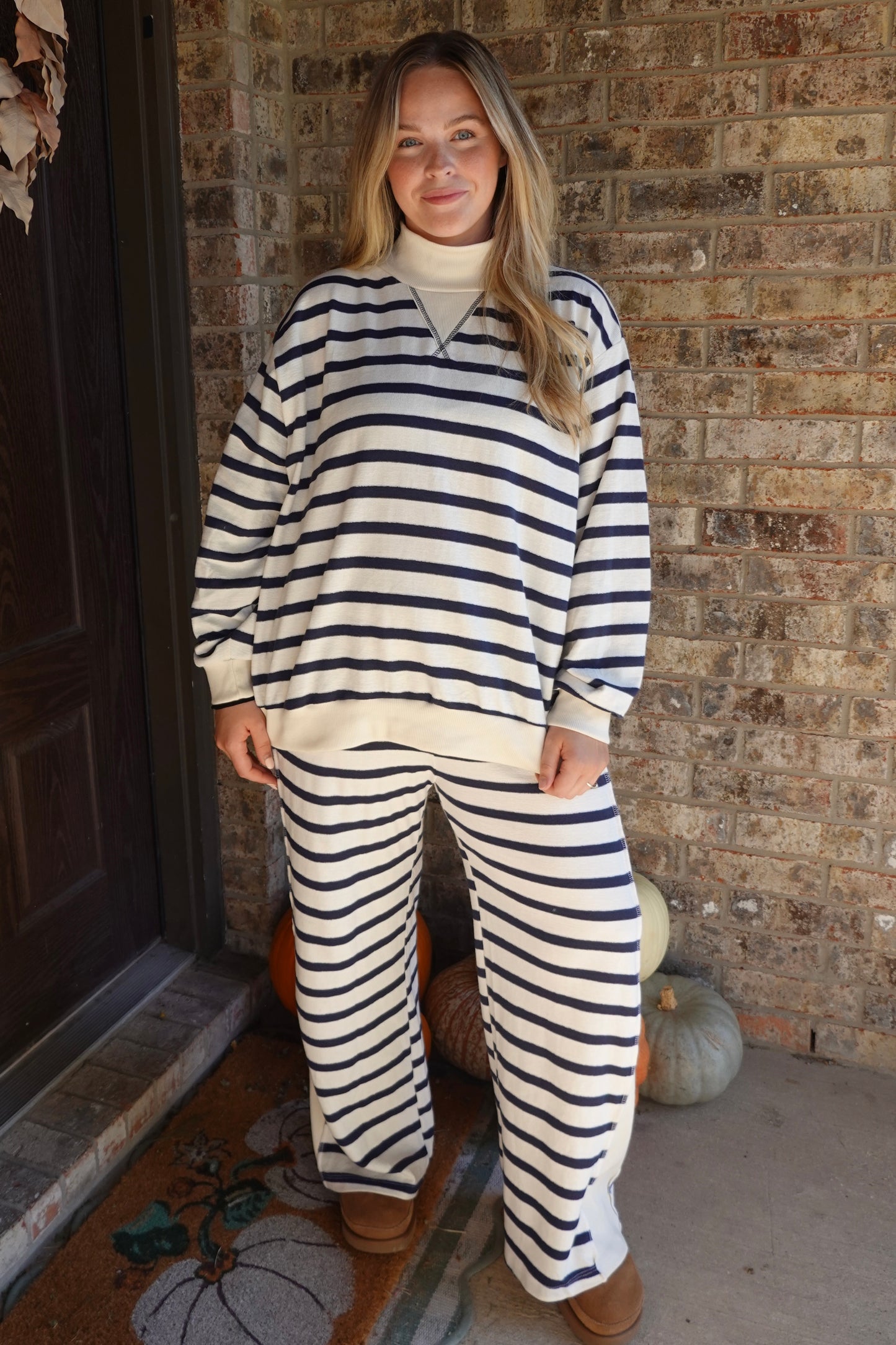 Navy + Cream Stripe Mock Neck Set