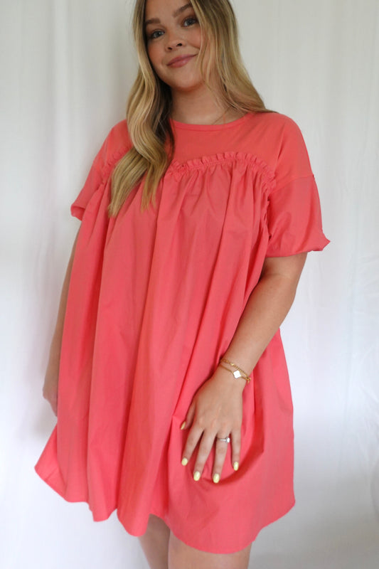 Poplin & Knit Jersey Babydoll Mini Dress