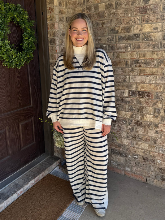 Navy + Cream Stripe Mock Neck Set