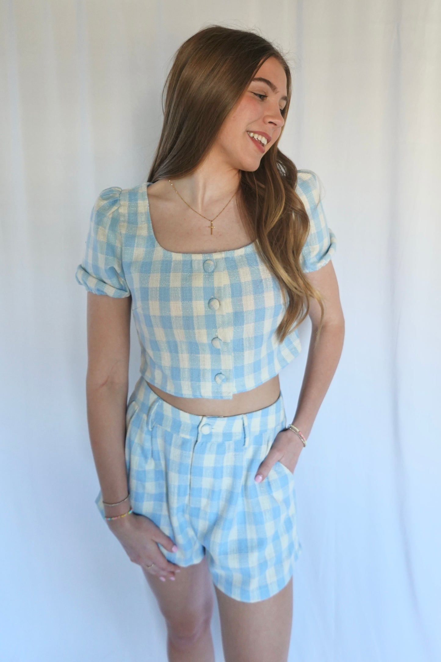 SKY GINGHAM SHORTS SET