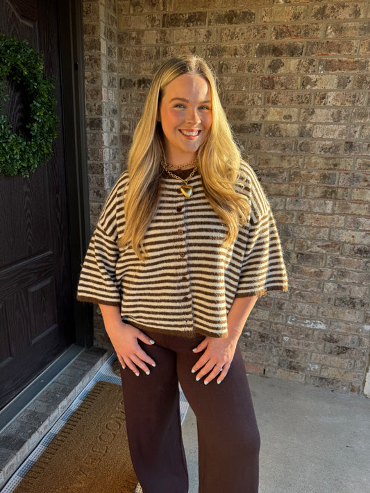 Mocha Short Sleeve Striped Cardigan